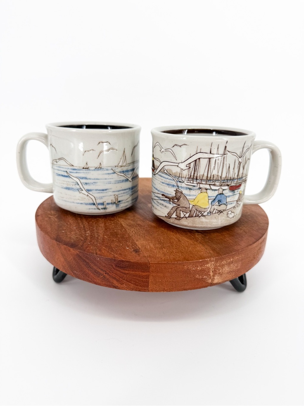 Pair of Vintage Otagiri Japanese Fishermen Harbor Scene Stoneware Mugs